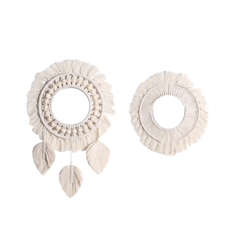 

New 2Pcs Boho Wall Hanging Mirror Macrame Mirror Wall Boho Home Decor for Apartment Living Room Bedroom Baby Nursery Dorm