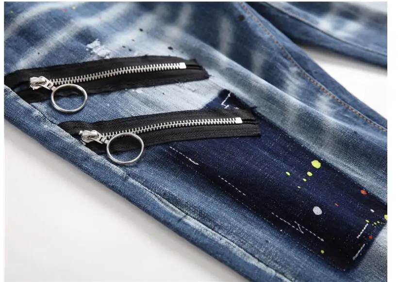 mens jesns washed lacquer cat-whisker slim stretch jeans European and American small feet trendy beggar pants trendy pants