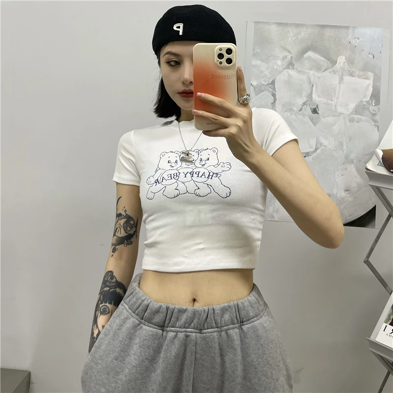 

2021 summer new ins trend bear print short T-shirt short-sleeved top tide training round neck