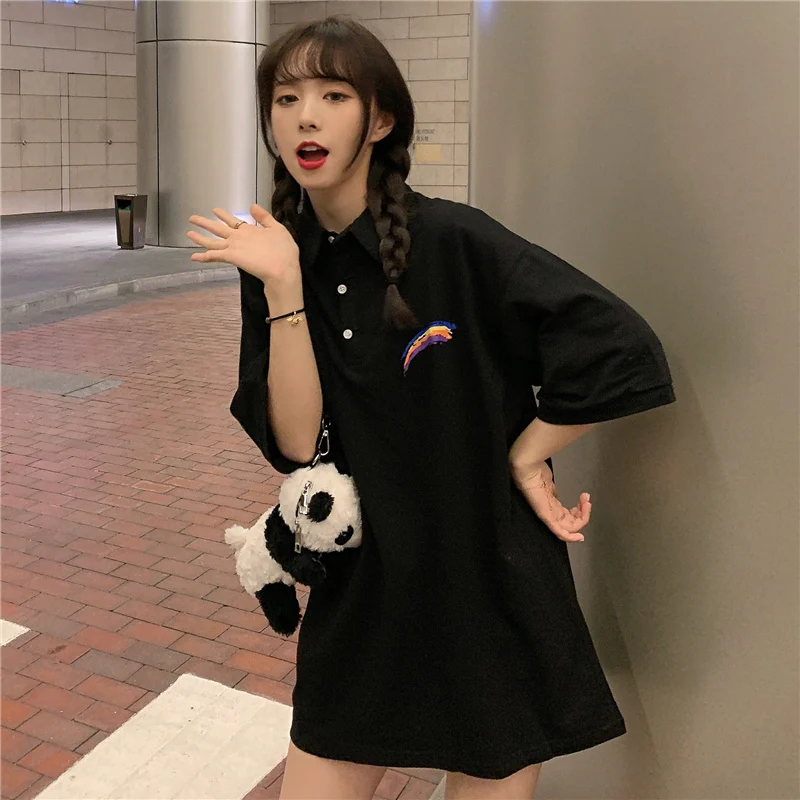 

Rainbow Polo Shirt Short sleeve T-shirt Female Ins 2021 New Loose Korean Chic Top Summer O-Neck Plus Size Ladies T-Shirts