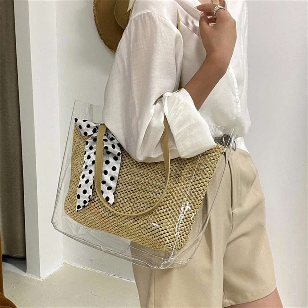 

Прозрачная мини-сумка-тоут из ПВХ, модная большая соломенная богемная простая темпераментная пляжная сумочка на плечо, высокого качества