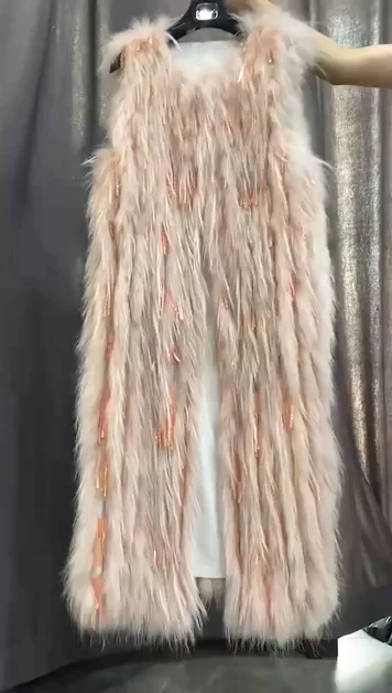 

ZiZhen Long Vest V-Neck Real Raccoon Fur Woman Sweet Style Free Shipping Anti-season Sales Weizhen0527