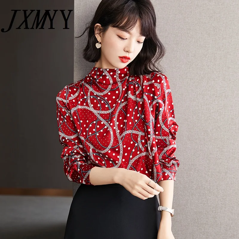 

JXMYY 2021 шифоновая рубашка с принтом, комбинированная Соблазнительная универсальная рубашка с оборками, топы для ранней осени, новинка