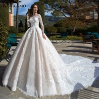 high end cathedral train embroidery appliques tulle full sleeve bridal ball gown luxury lace up back o neck wedding dress