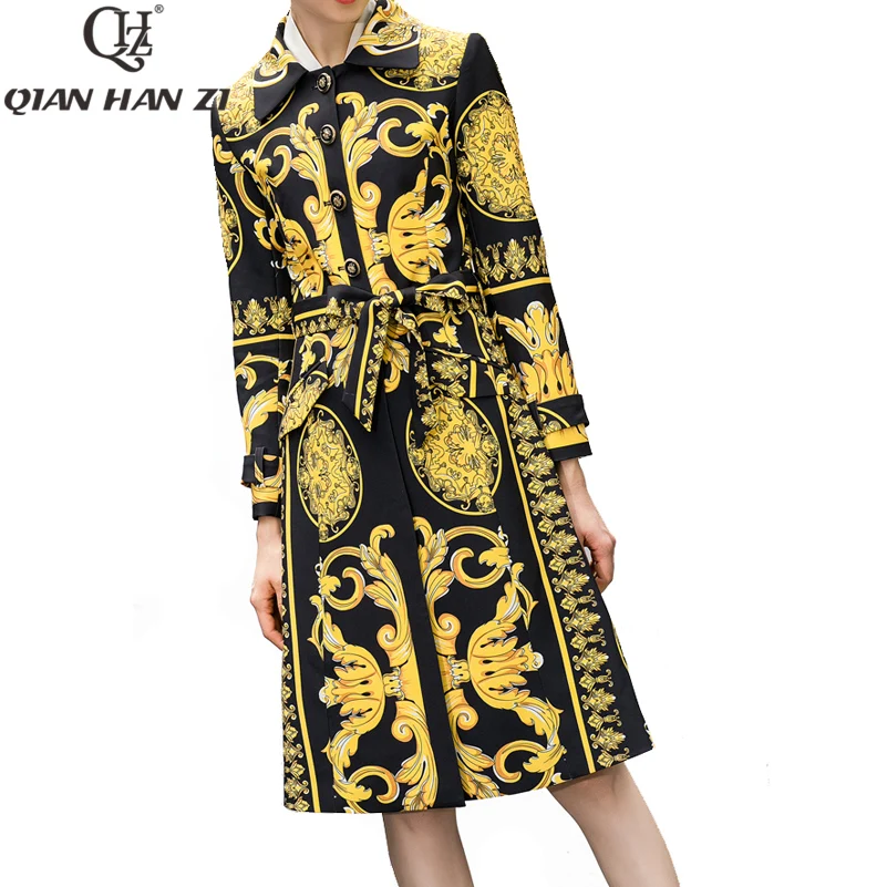 Qian Han Zi/Новинка года; Осенняя Женская Повседневная Длинная Куртка; Тренч; женская модная ветровка с принтом на поясе; Карманный Тренч