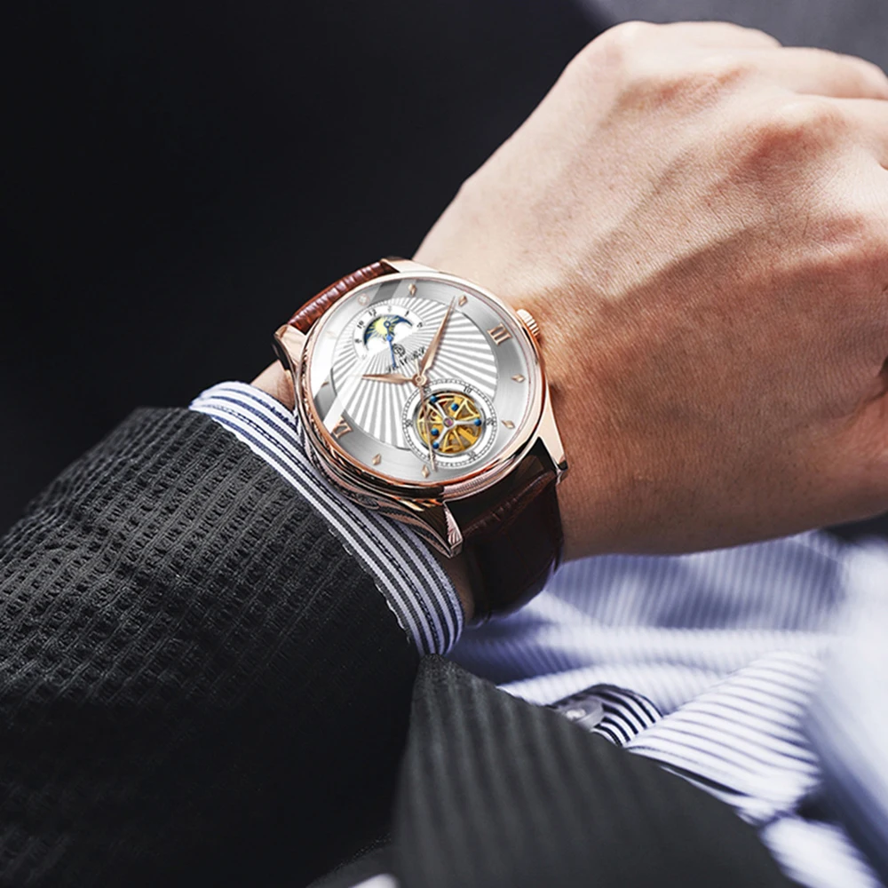 

Automatic Mechanical Watch Men's Tourbillon Design Hollow Moon Phase Waterproof Leather Strap Classic Business Clock 2021 NEW