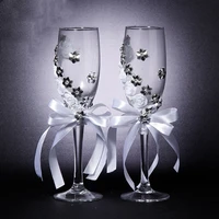 wedding champagne glasses groom and bride rose flower ribbon with diamond goblet wedding supplies decoration wine glass set