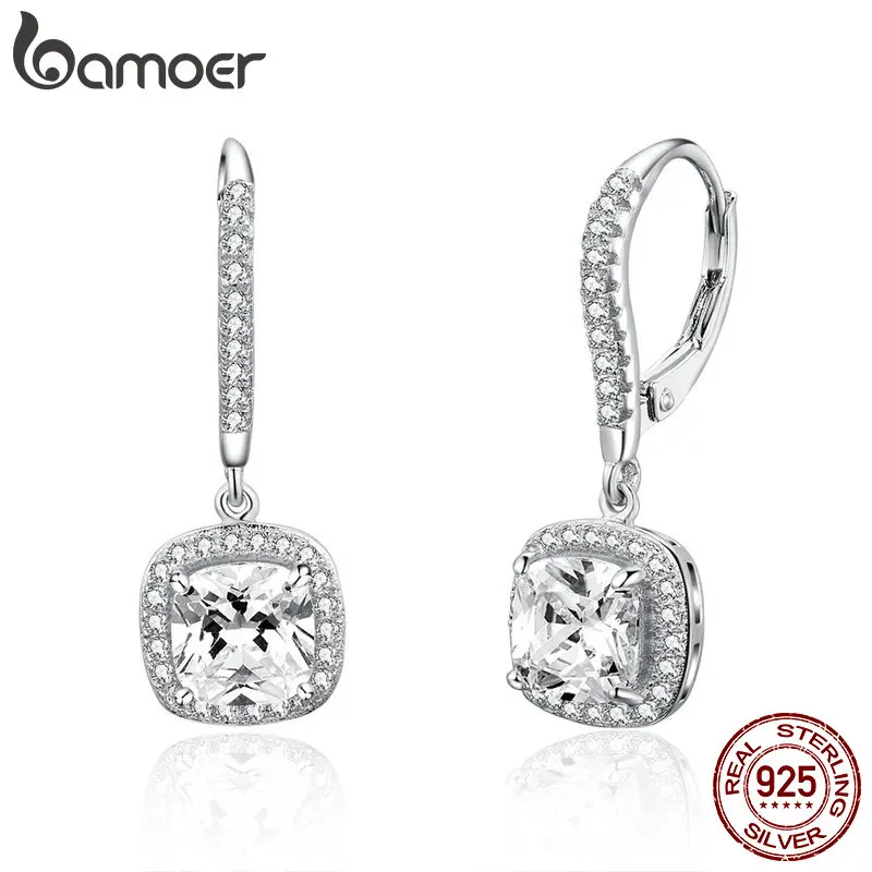 

BAMOER Authentic 925 Sterling Silver Dazzling Cubic Zircon Square Geometric Drop Earrings for Women Wedding Jewelry SCE520