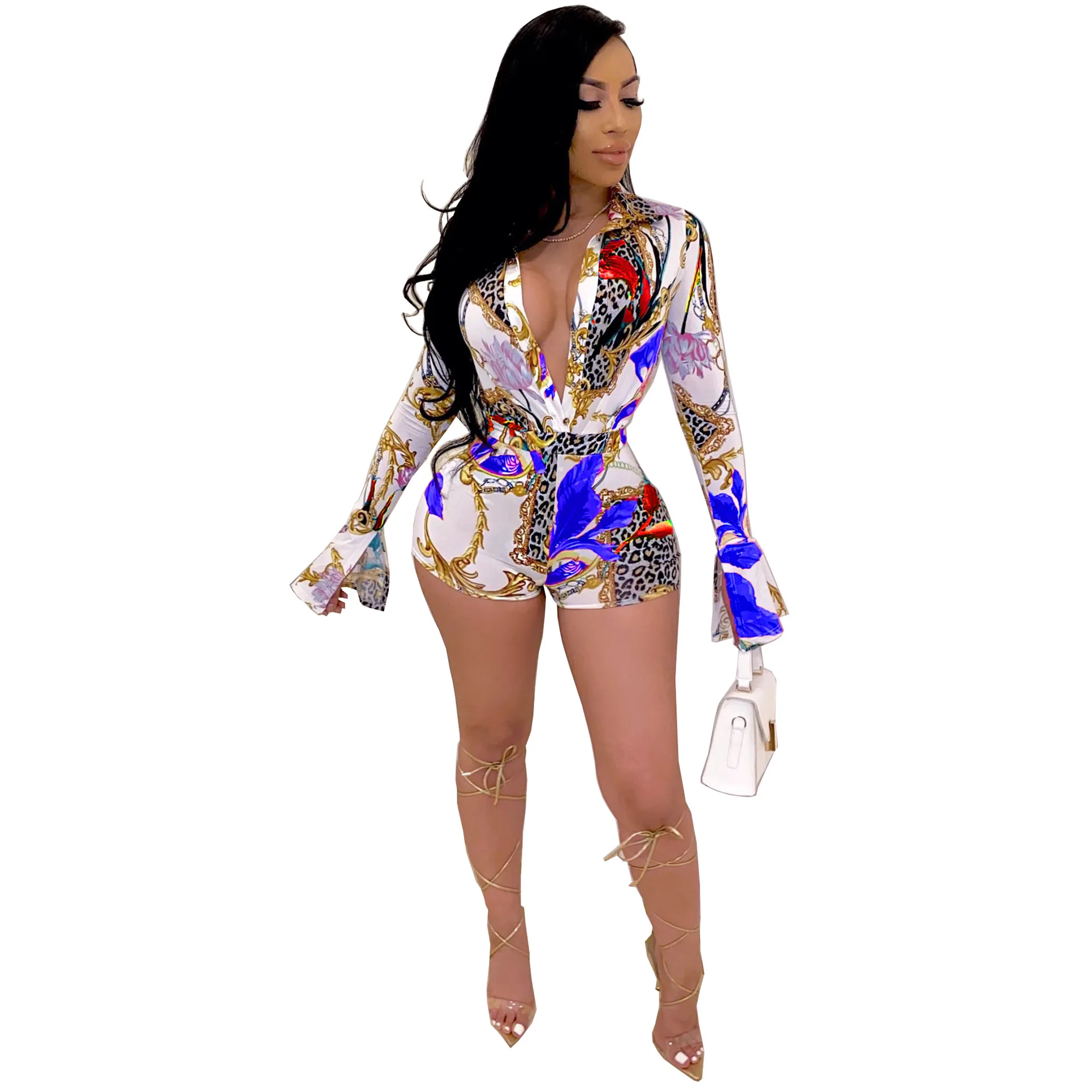 

Women in summer sexy v-neck long sleeve printed jumpsuit street nightclub party jumpsuit