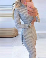 long sleeve ribbed slit long top and high waist knitted pencil pants set women winter 2pcs suit