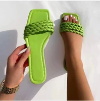 2021 summer new woven slippers flat bottom square toe flip flops large size womens shoes