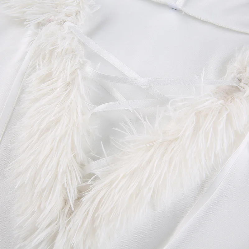 

HAOOHU Autumn Hooded Long Dresses Furry Streetwear Dress Mini Bodycon Neck Women Skinny Party White Sleeve V