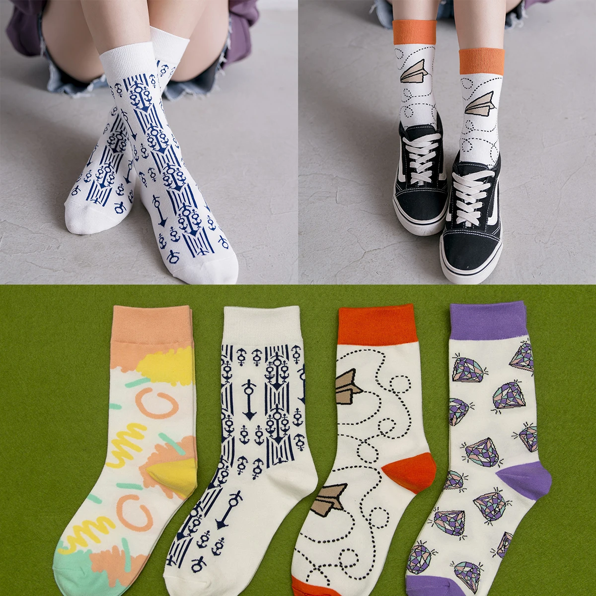 

Весенне-осенние новые хлопковые женские носки-трубы спортивные трендовые индивидуальные яркие цветные жаккардовые уличные Смешные модные...