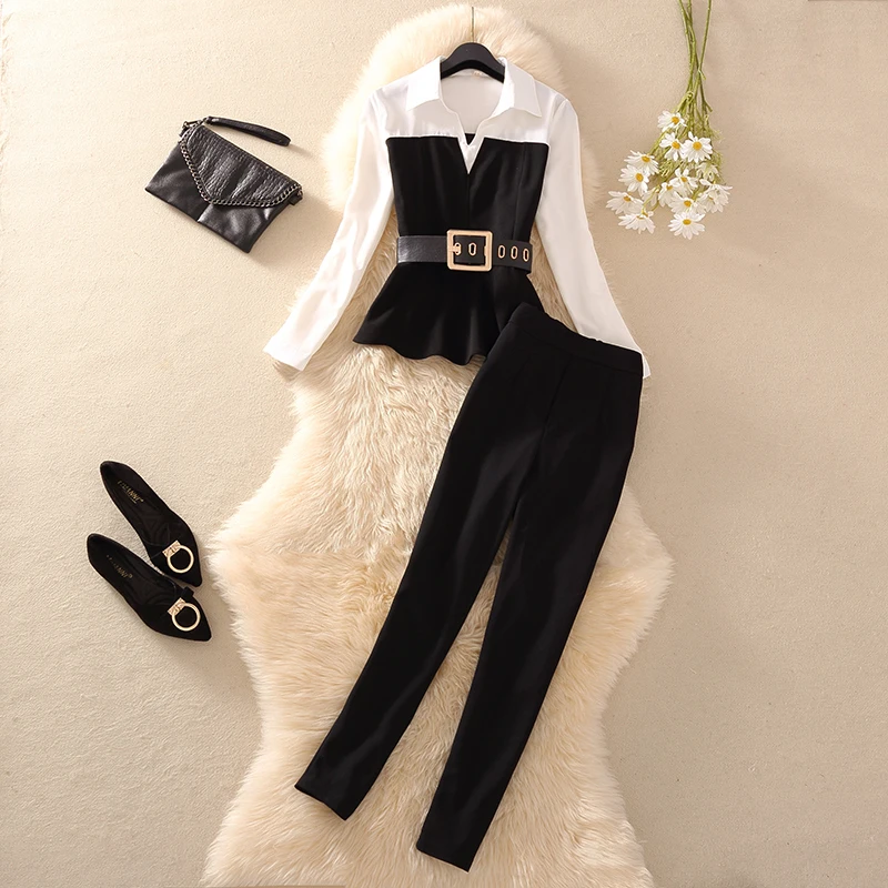 

With Belt! Women Spring Spliced V Neck Blouses White Black Tops And Slim Pants Suits Elegant OL Ladies Clothing Set NS244