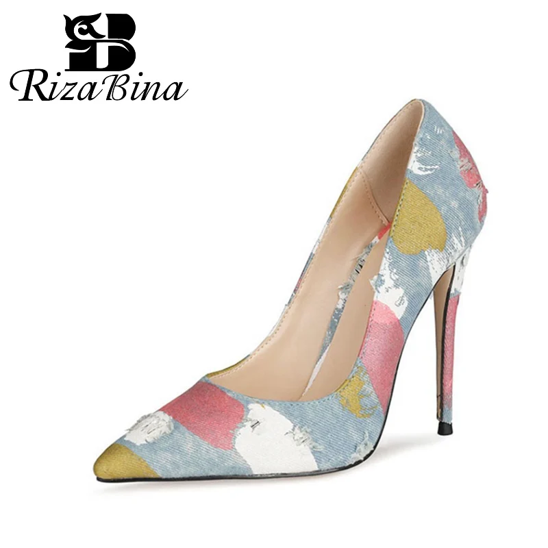 

RIZABINA New Women Fashion Pumps Slip On Pointed Toe Mixed Color Thin High Heels Sexy Shoes Outdoor Ladies Footwear Size 34-43