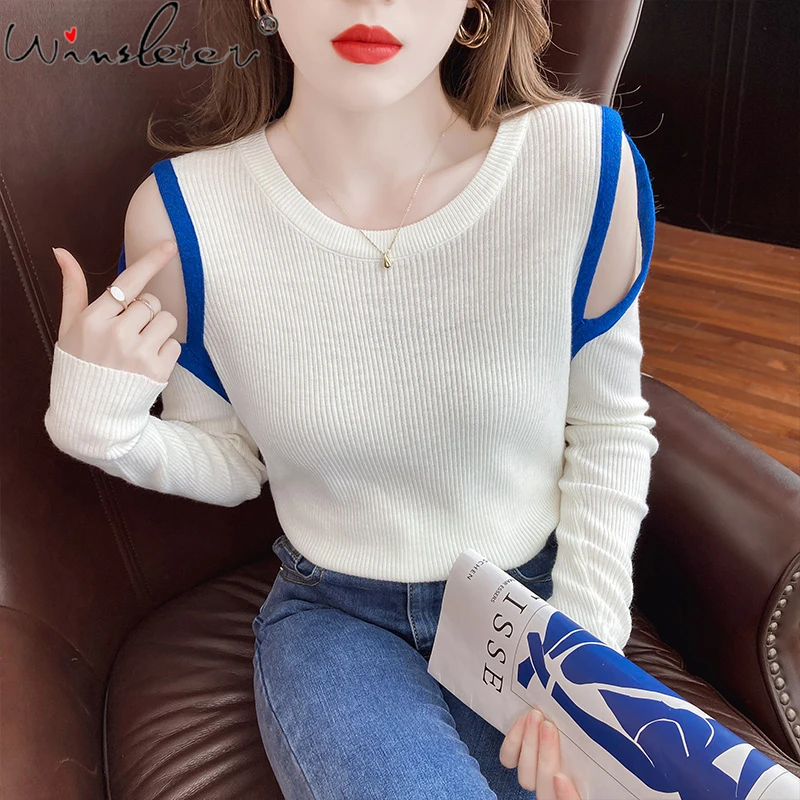 

Fall Winter Korean Clothes Sweater Women Color Matching O-Neck Sexy Off Shoulder Knitwear Jumper Bottoming Shirt Tops T19632A