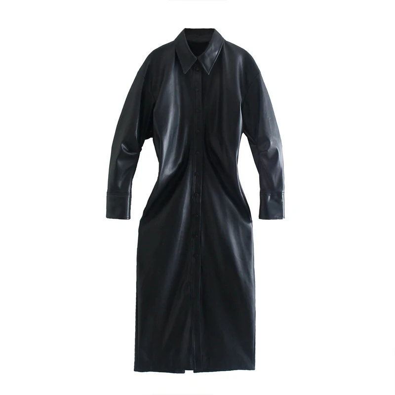 

Women Autumn MIDI PU Dress 2021 Casual Solid Slim Long Sleeve Female Elegant Street Shirt Dresses Vestidos