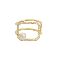 women trendy imitation pearl and zircon ring temperament elegant size open adjustable gold color finger ring jewelry gift