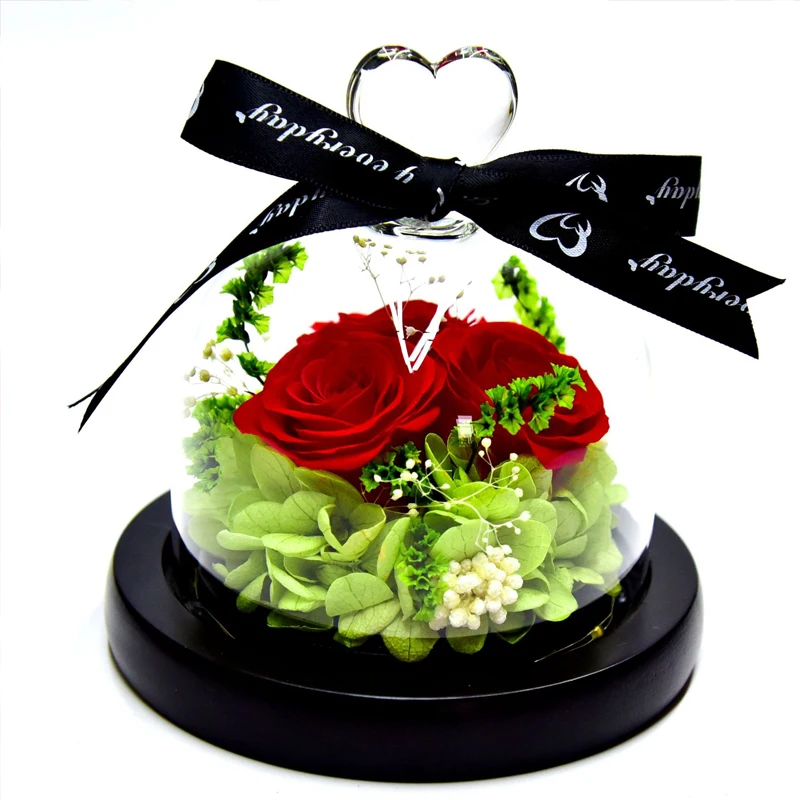 

Glass Bottle Cover Black Wood Base Eternal Preserved Flower Real Rose LED Home Decor Luxury Silk Giftbox Valentine Dropshipping