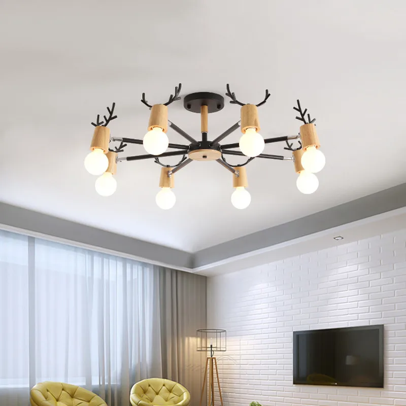 Contracted Macaron Chandelier Nordic Modern Solid Wood Deer Head Light Living Room Bedroom Creative Personality Hanging | Освещение