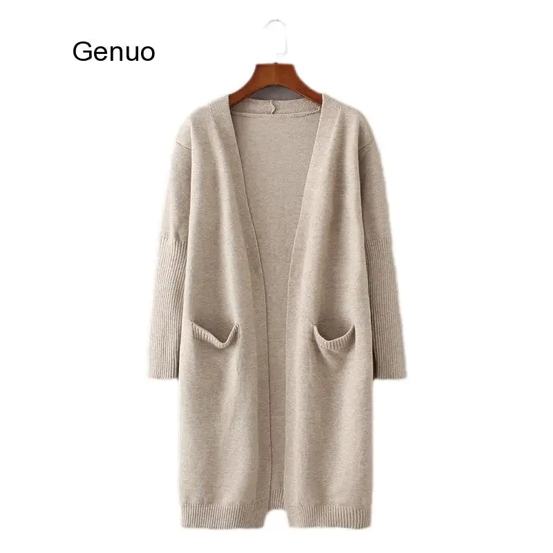 Длинный кашемировый женский кардиган цвета хаки однотонный вязаный свитер