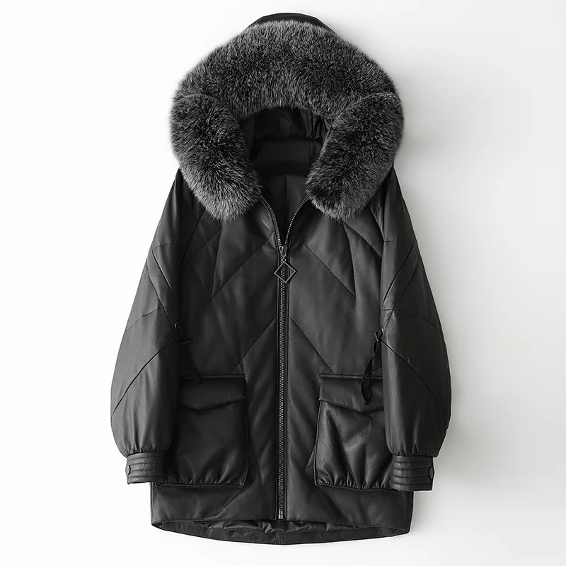 Spring Autumn New Sheepskin Black Warm Down Jacket Medium Length Loose Fox Hair Hooded Coat for Women Casual Outwear Pockets