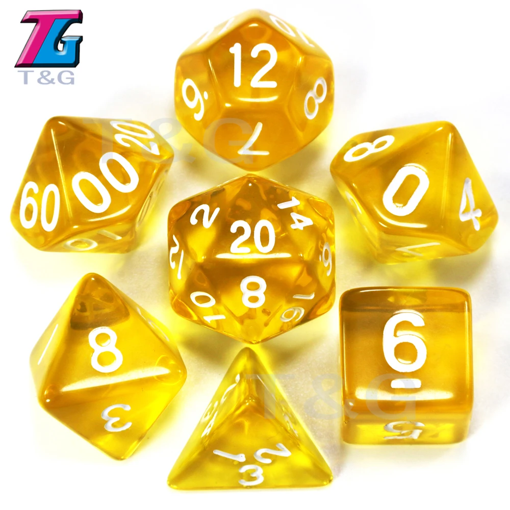 7 шт./компл. прозрачный набор костей для ролевых игр D4, d6, d8, d10, d10%, d12, d20 для Настольная игра, красный, синий, желтый, фиолетовый, зеленый, светло-зеленый высокое качество - Цвет: yellow