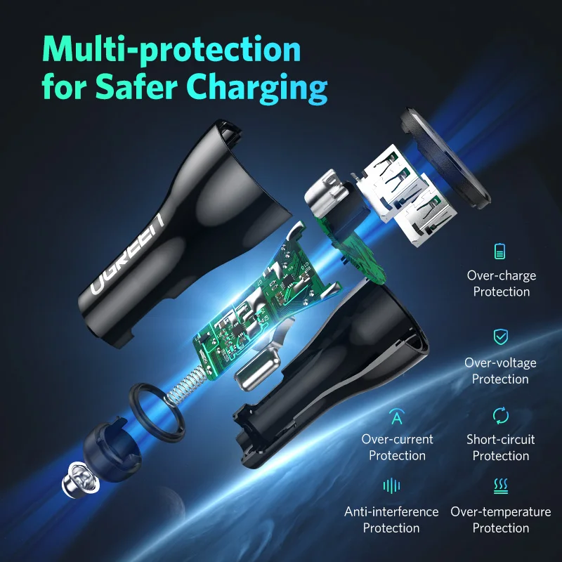 Ugreen 36 W автомобиля USB Зарядное устройство двойной Быстрый 3,0 заряда для iPhone Xiaomi huawei USB быстро Зарядное устройство для samsung S9 S8 автомобильный телефон Зарядное устройство