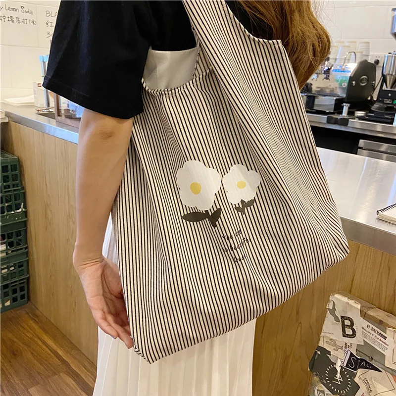 

Flower Women Canvas Bag Stripes Design Ladies' Large Capacity Cloth Big Tote Eco Friendly Cotton Shopping Shoulder Bag Handbag