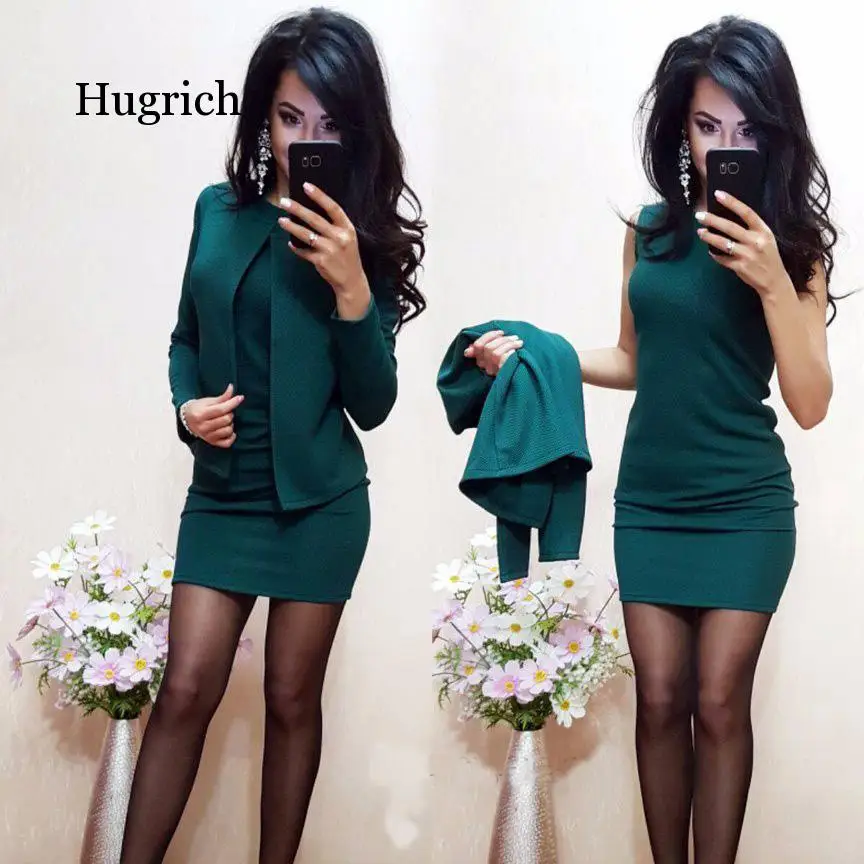

Suits Dress Womens Sexy Sheath O-Neck Mini Dress Casual Coat Two Pieces 2020 New Elastic Force Garnitur Damski Sets Blazer