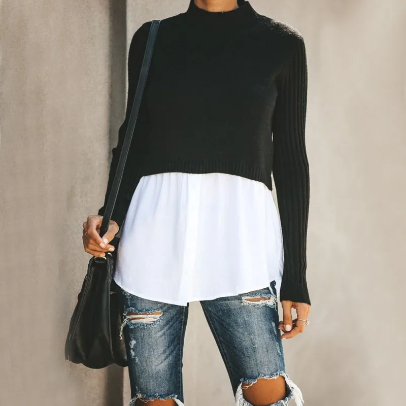 

Autumn Winter Fashion Patchwork Women Sweater Female Slim Round Collar Bottom Button Knit Sweater Casual Long Sleeve Pullovers