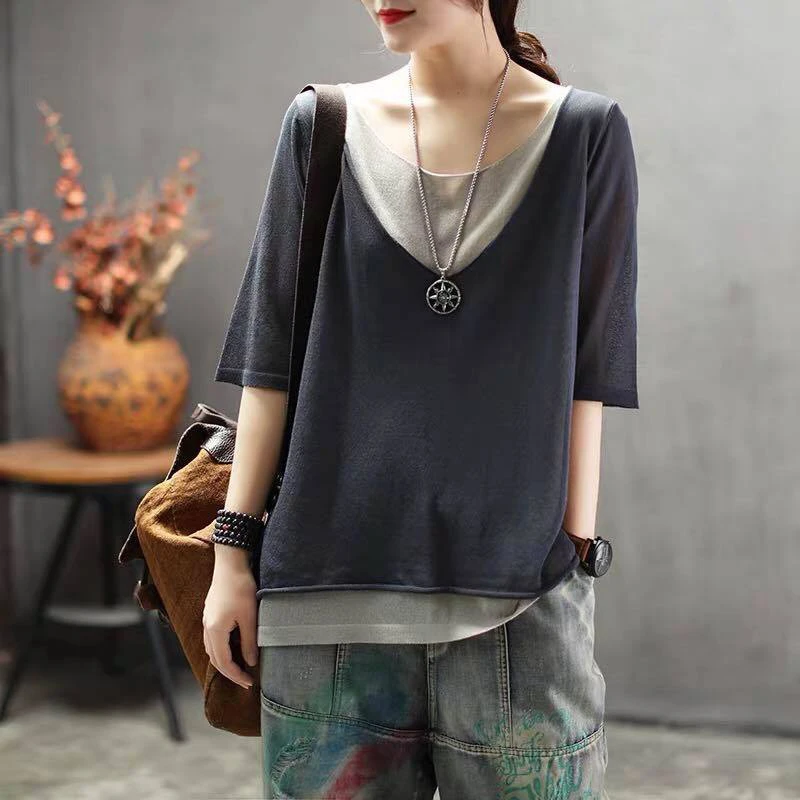 

New Summer Arts Style Women Half Sleeve Loose Tshirt Casual False Two Pieces O-neck Vintage linen Tee Shirt Femme Tops D412