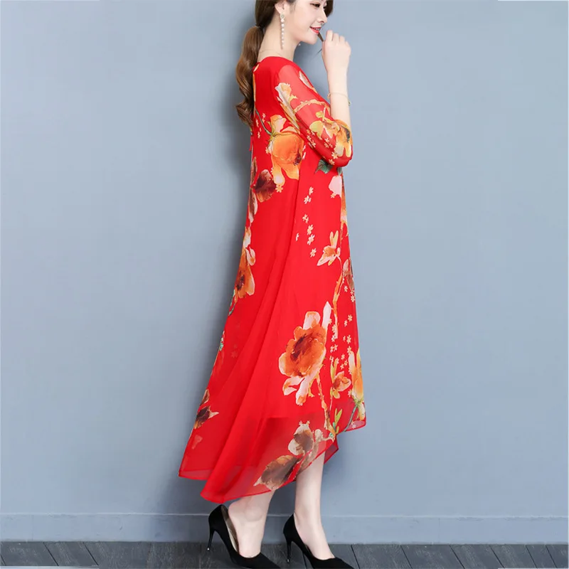 2020 Новое весеннее летнее женское шелковое платье свободного кроя с принтом в