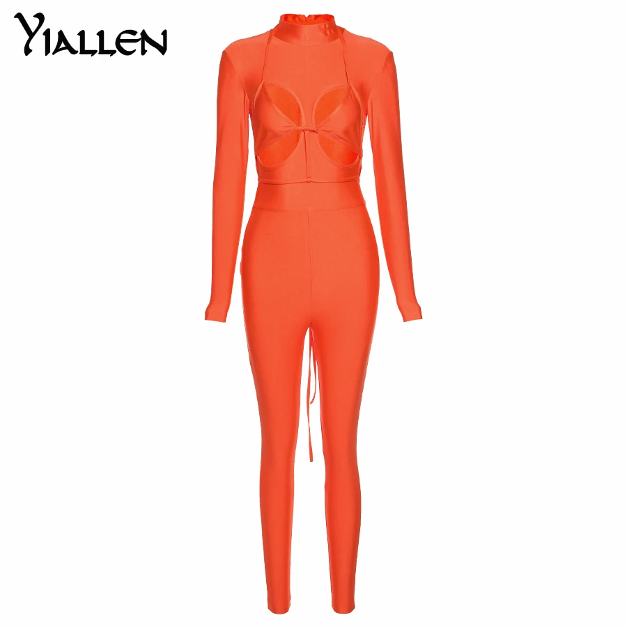 

Yiallen Women Spring Autumn Hollow Out Soild Color Bodycon Slim Jumpsuit Romper Overall Femalec Clothes Streetwear 2021The New