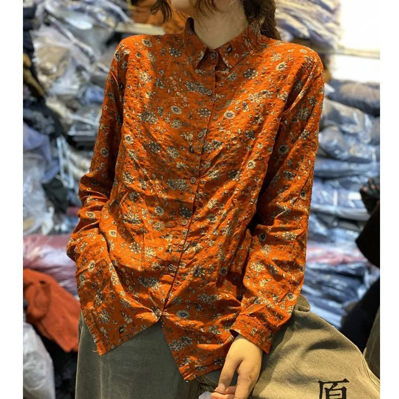 

2020 Spring Autumn Arts Style Women Long Sleeve Loose Shirts Vintage Print cotton linen Turn-down Collar Blouse Plus Size V68