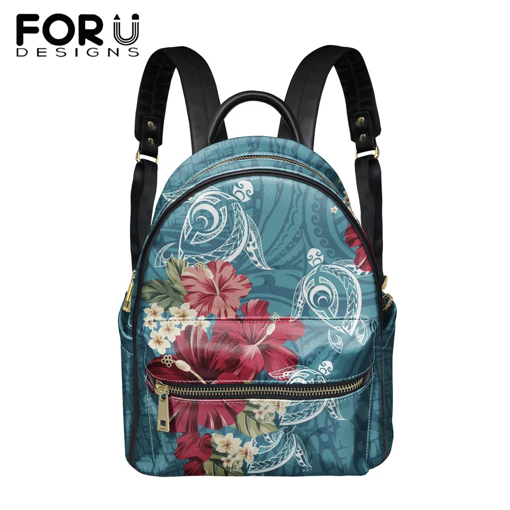 

FORUDESIGNS Hawaiian Pu Leather Backpack for Womans Turtle And Hibiscus Pattern Ladies Large Capacity Travel Bags Beach Mochilas