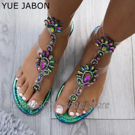 

NEW Green Gold Silver Women’s summer bohemia diamond sandals beach shining rhinestones T-strap thong flip flop Crystal shoes