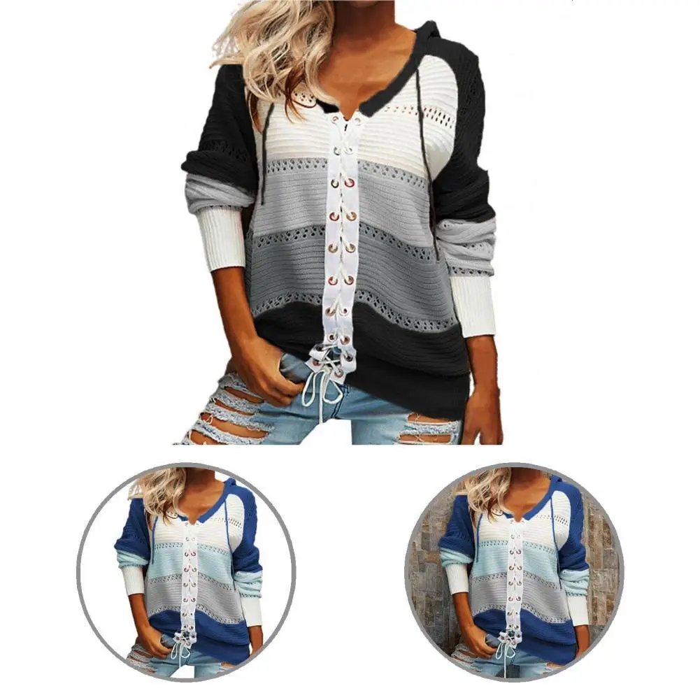 

V-Neck Autumn Winter Color Block Lacing Up Knitted Cardigan for Home