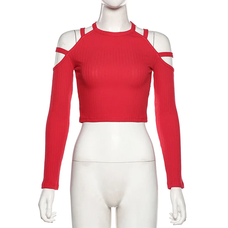 2019 зимняя женская Сексуальная футболка с открытыми плечами однотонный