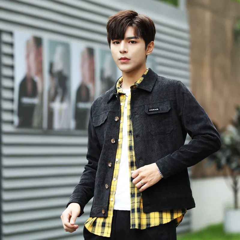

2021 spring jacket men's Korean youth leisure corduroy tooling lapel jacket fashion slim top