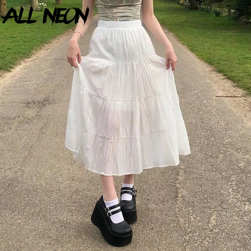 

ALLNeon Y2K Фея гранж с высокой талией белые юбки с оборками Гоблин эстетичная Базовая двухслойная трапециевидная юбка средней длины хлопковая ...