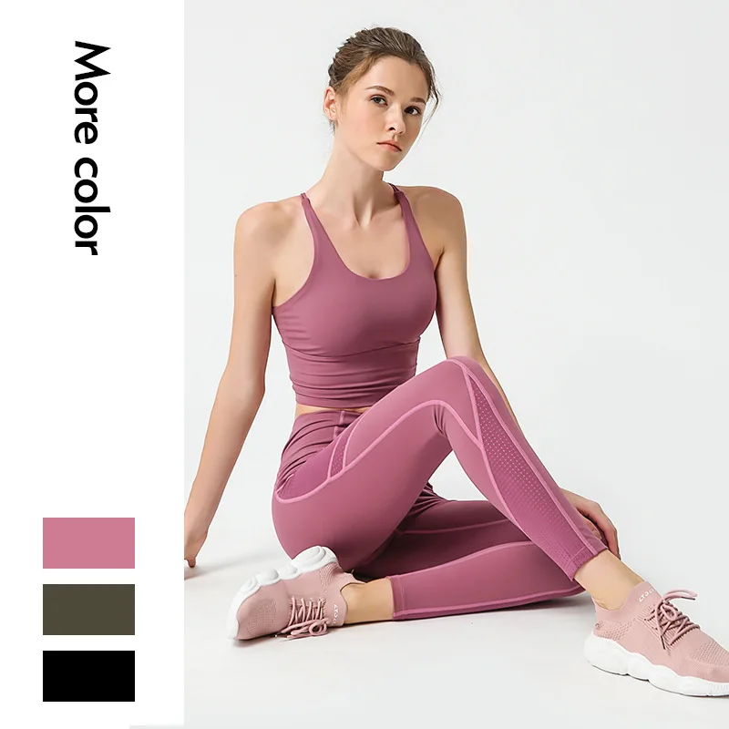 

2pcs Sports Wear Suit Straps Cross Bra Crop Top Pants Hollow Gym Clothing Workout Leggings Naked Feel Yoga Suit for Ladies