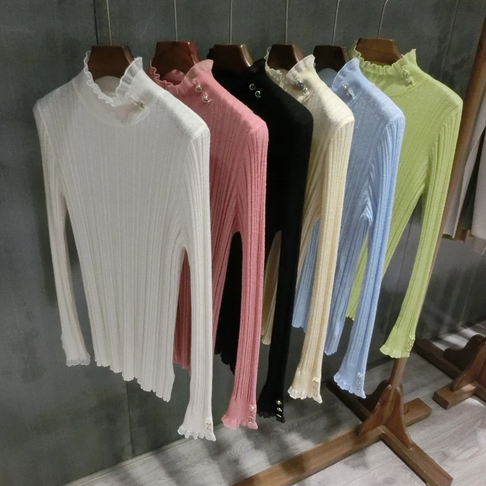VOGGIN Women Sweaters Merino wool 80s style Ruffled collar Knitted Pullovers Diamond buttons Crewneck Base layer Tops 2020 | Женская