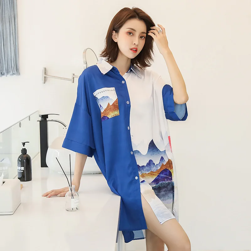

Nightdress Sleepwear Casual Satin Sleep Shirt For Women Nightgown Soft Kimono Bathrobe Gown Home Clothes Print Sleepwear