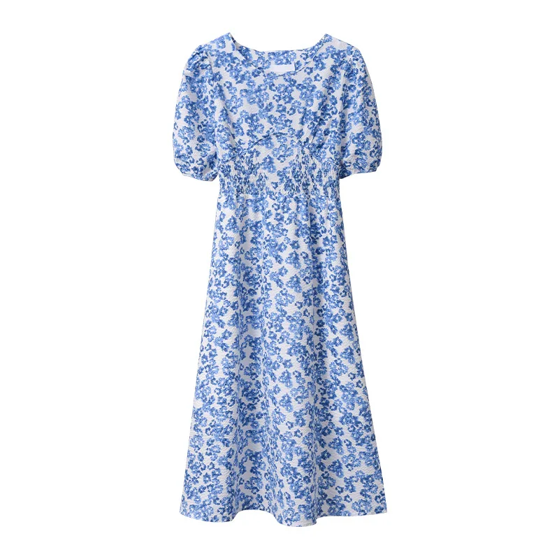 

TVVOVVIN Fashion Elastic Waist Puff Sleeve Printed Dress Women's Korean 2021 Summer O-neck Short Sleeve Mid-length Dress K0T7