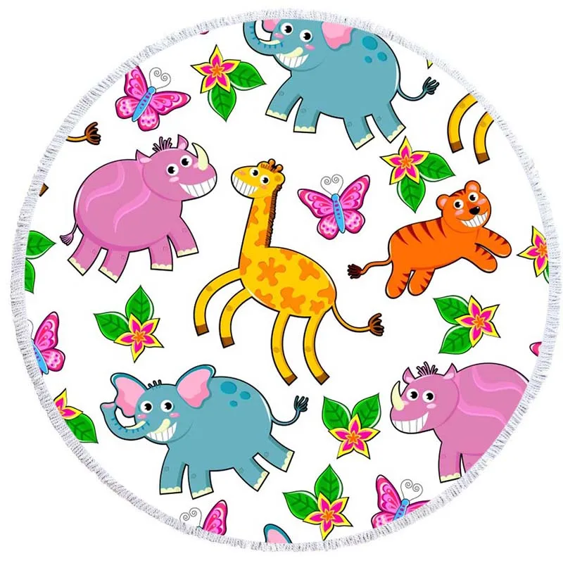 

Free shipping Cute Animals Fox Cat Giraffe Tiger Fish Dinosaurs Pattern Large Round Pool Swim Bath Beach Towel Blanket 150cm