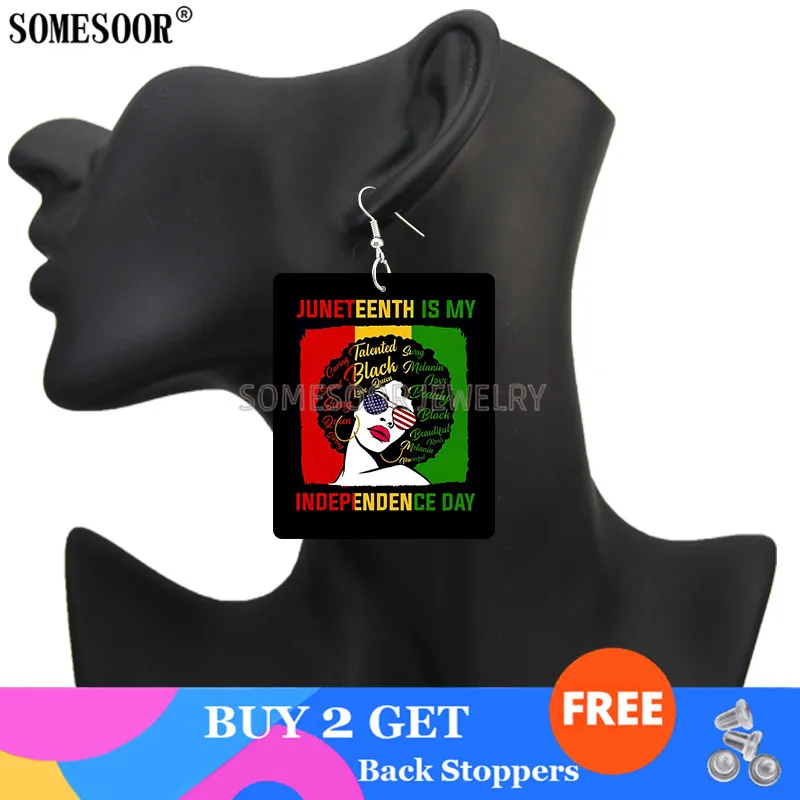 

SOMESOOR Jewelry Celebrating African American Independence Day Rectangle Wood Both Sides Print Dangle Earrings For Women