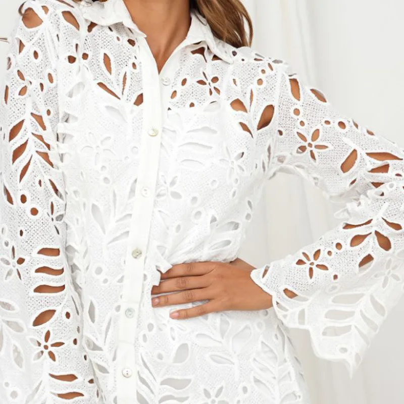 

Summer Women Dress A-Line Hollow Out Turn-down Collar Above Knee Long Sleeve Party Dress Maxi Dresses for Women Sexy Dress