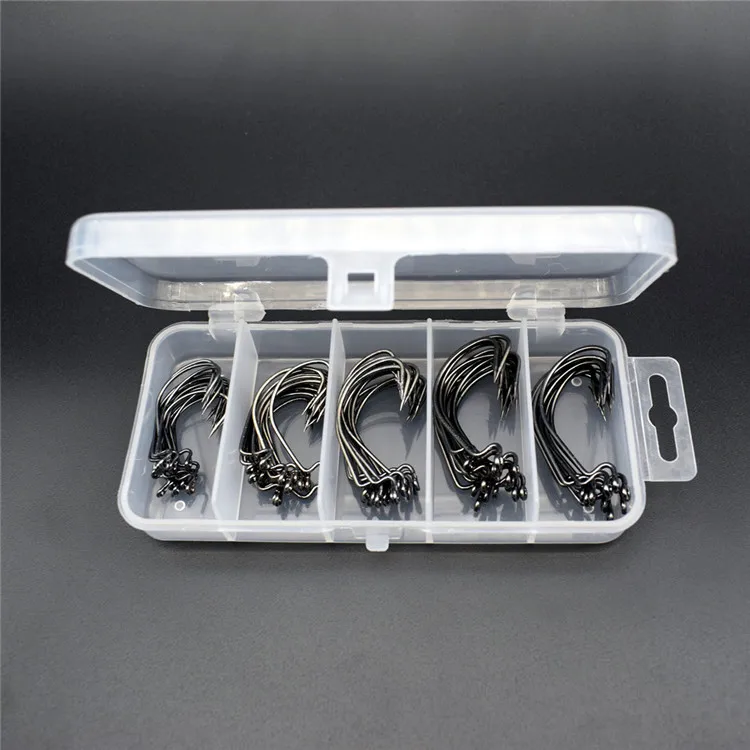 

50Pcs/Box Bass Barbed Carp Fishing Hook For Soft Worm Lure Wide Crank Offset Fishhook