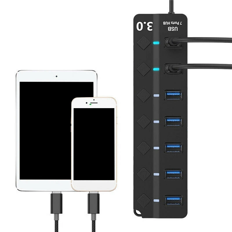 

USB Hub 3.0 High Speed 5GBPS 7 Port Multi Splitter Adapter On/Off Switch for Laptop PC